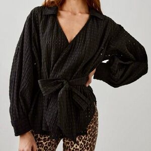 Rails Eileen Black Seersucker Wrap Blouse Large Textured Tie Top